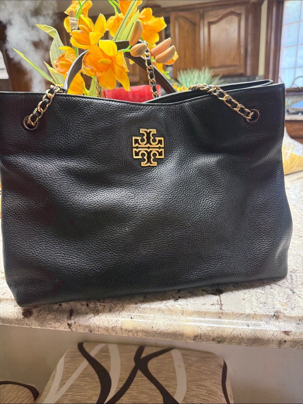 Tory Burch Black Pebbled Leather Tote with Gold Logo and Chain Straps